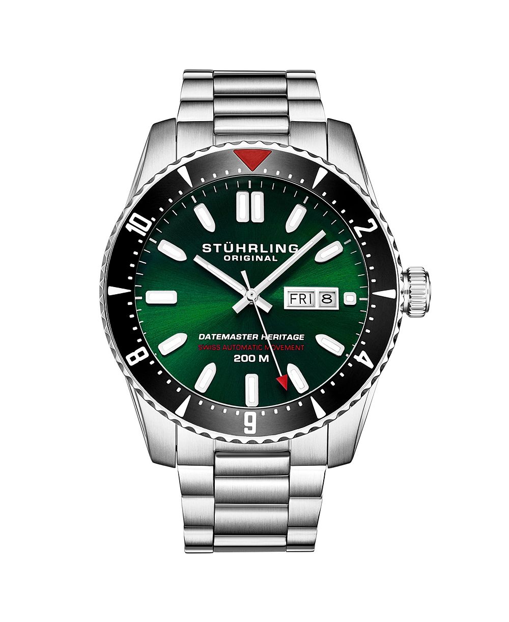 Stuhrling Men s Aquadiver 44mm Swiss Automatic Diver Watch, Green Dial, Stainless Steel Bracelet, 200M Water Resistant