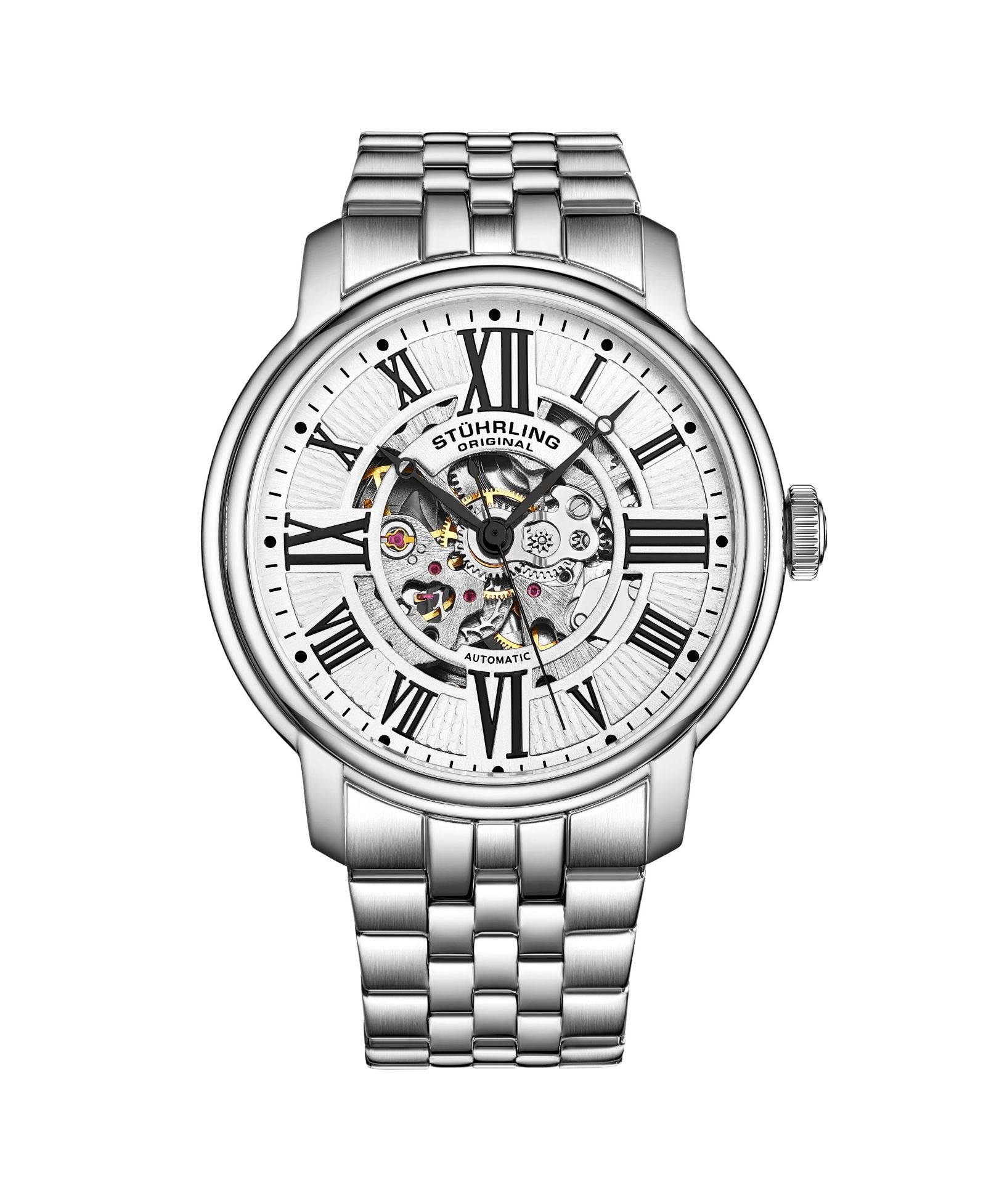 Stuhrling Atrium 4031 Men s Automatic Skeleton Watch – 42mm, Silver-Tone Case & Bracelet, Blue Skeleton Dial with Silver Accents