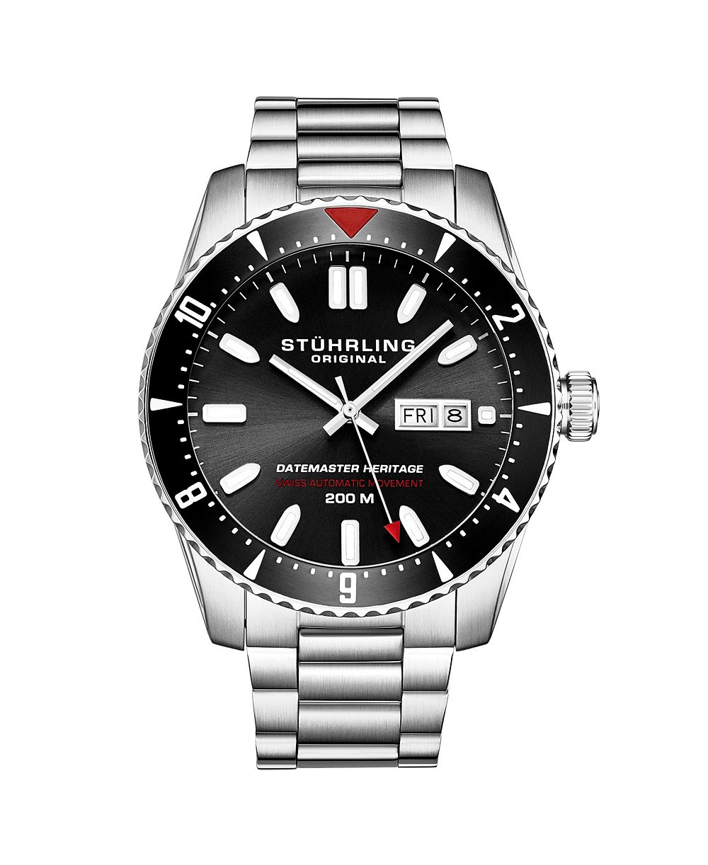 Часы Stuhrling Men's Aquadiver 44mm Swiss Automatic Diver, Black Dial, Stainless Steel