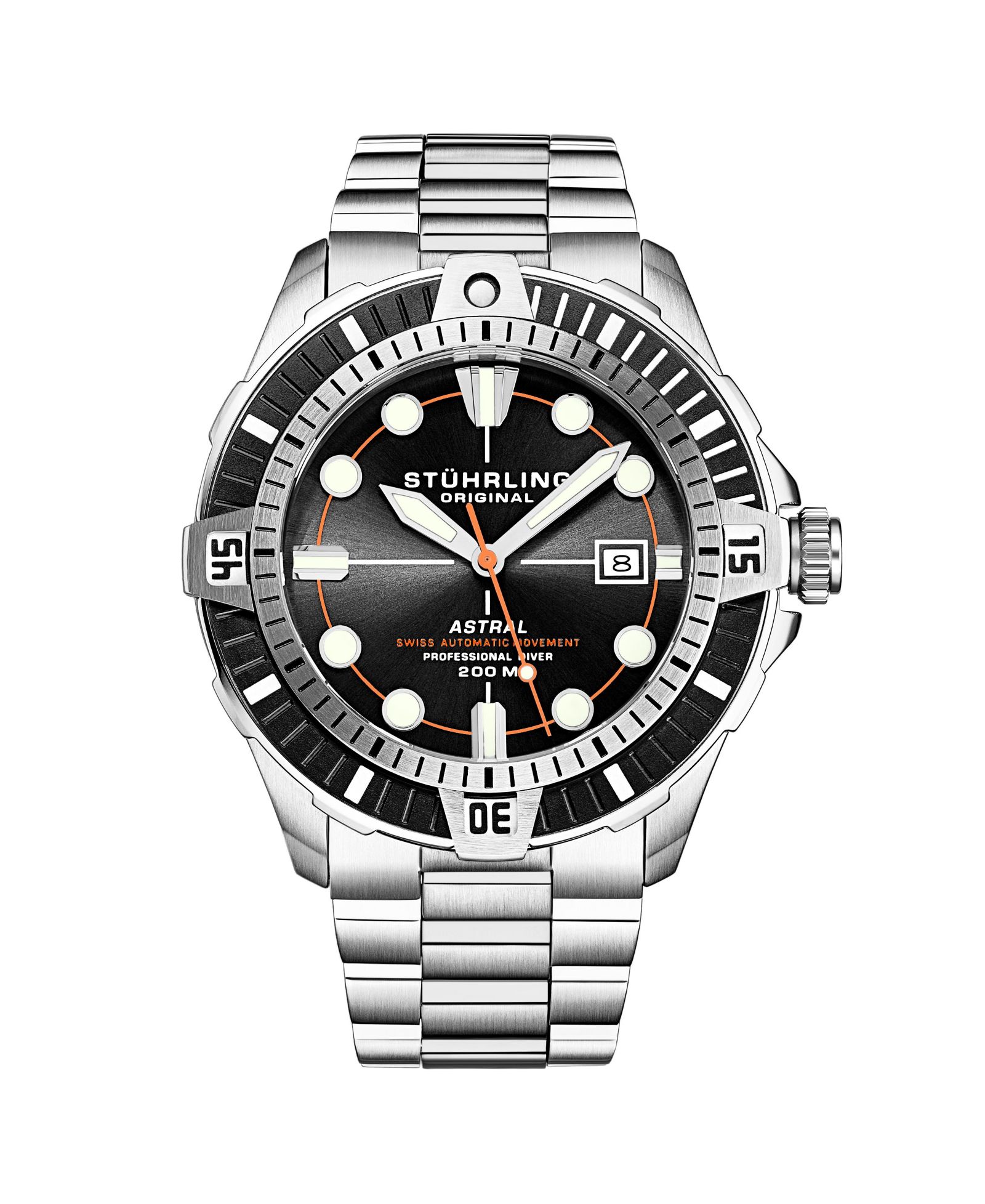 Stuhrling Мужские часы Astral Diver 44mm Swiss Automatic, Black Dial, Stainless Steel Bracelet, Rotating Bezel, 200M Water Resistant