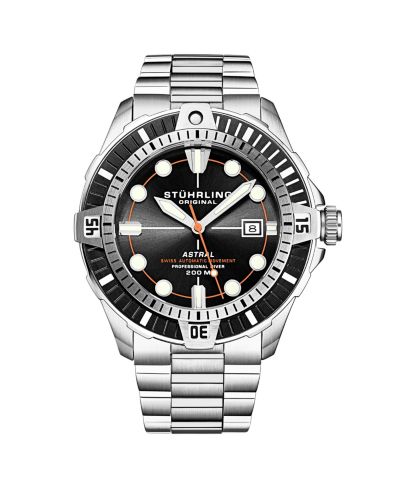 Stuhrling Мужские часы Astral Diver 44mm Swiss Automatic, Black Dial, Stainless Steel Bracelet, Rotating Bezel, 200M Water Resistant