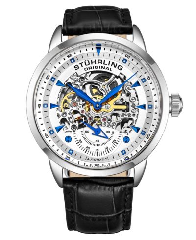 Мужские часы Stuhrling Legacy, черная кожа, белый циферблат, круглый корпус 44mm