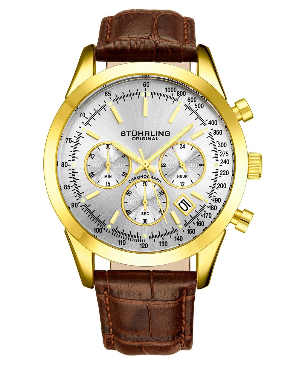 Stuhrling Rialto 3975L Men s Chronograph Watch – Quartz Movement, 44mm Stainless Steel Case, Leather Strap