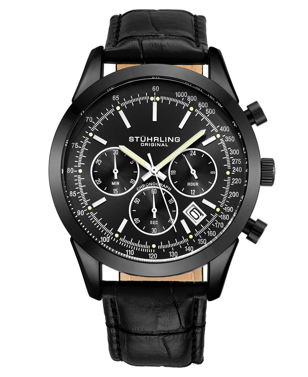 Stuhrling Часы Monaco Мужские, кожаный ремешок, черный циферблат, 44mm