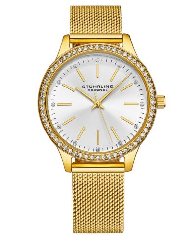 Women's Quartz Crystal Studded Gold Case and Gold Mesh Bracelet, Silver Dial, Gold Hands and Markers Watch