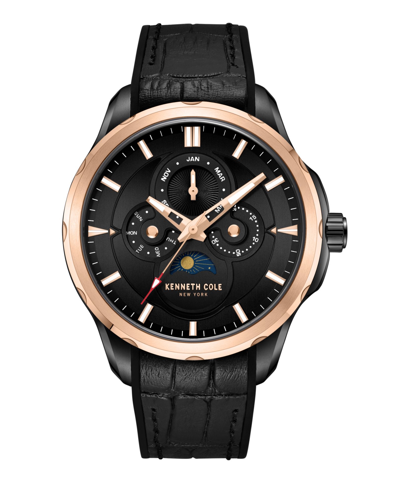 Мужские многофункциональные спортивные часы Kenneth Cole New York из черной натуральной кожи с силиконовым ремешком, 42mm