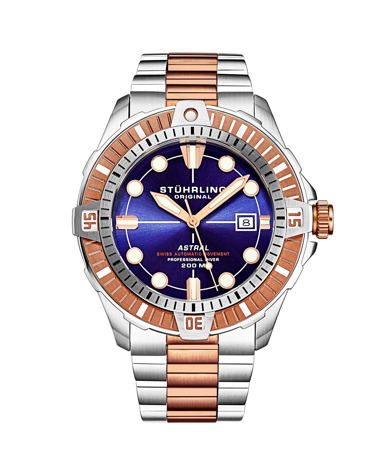 Stuhrling Men s Astral Diver 44mm Swiss Automatic Watch, Blue Dial, Two-Tone Rose Stainless Steel Bracelet, 200M Water Resistant