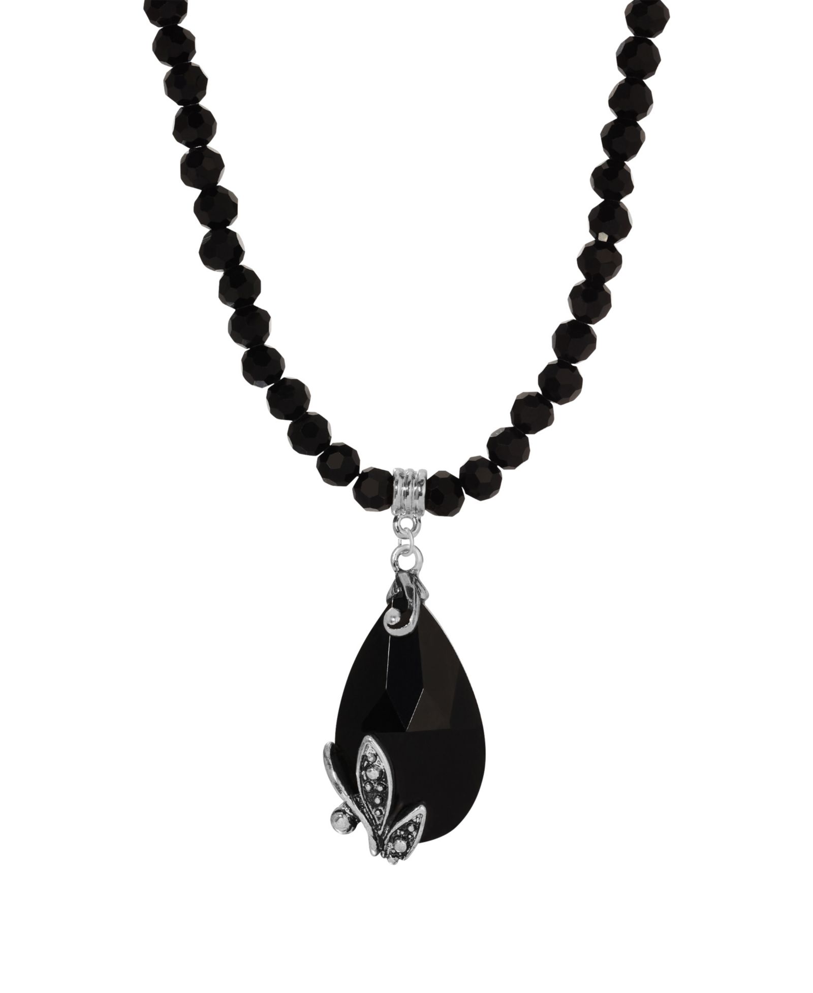 2028 Glass Black Beaded Teardrop Necklace