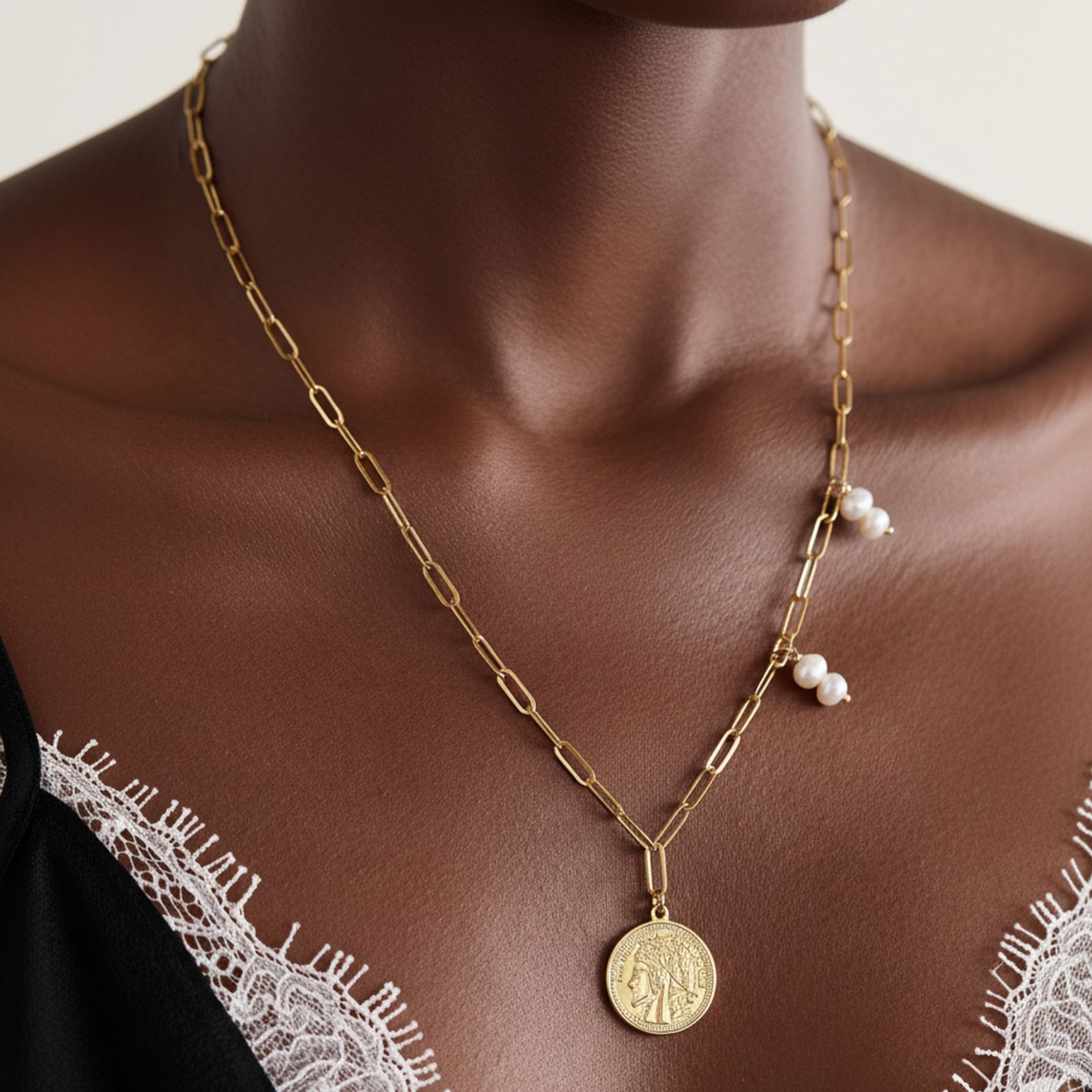Ожерелье Joey Baby Stainless Steel Chain с жемчугом Freshwater и кулоном Coin