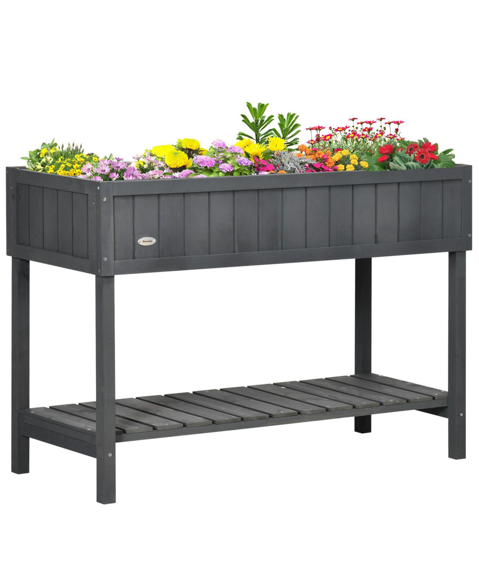 Outsunny Wooden Raised Garden Bed with 8 Slots, Elevated Planter Box Stand with Open Shelf for Limited Garden Space to Grow Herbs, Vegetables, and Flowers, Dark Gray