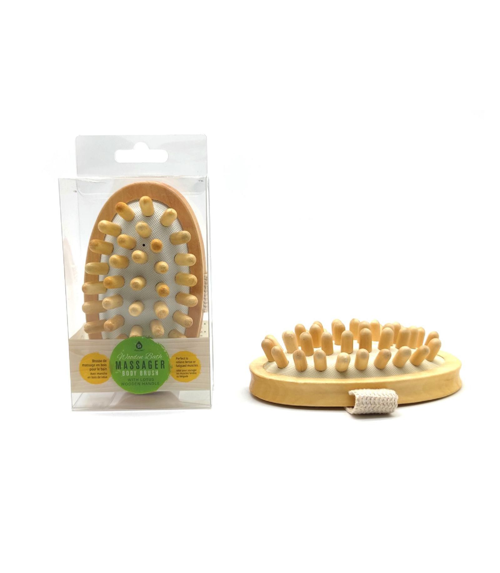 Pursonic Bamboo Bristle Bath Brush & Rubber Massager with Lotus Wooden Handle