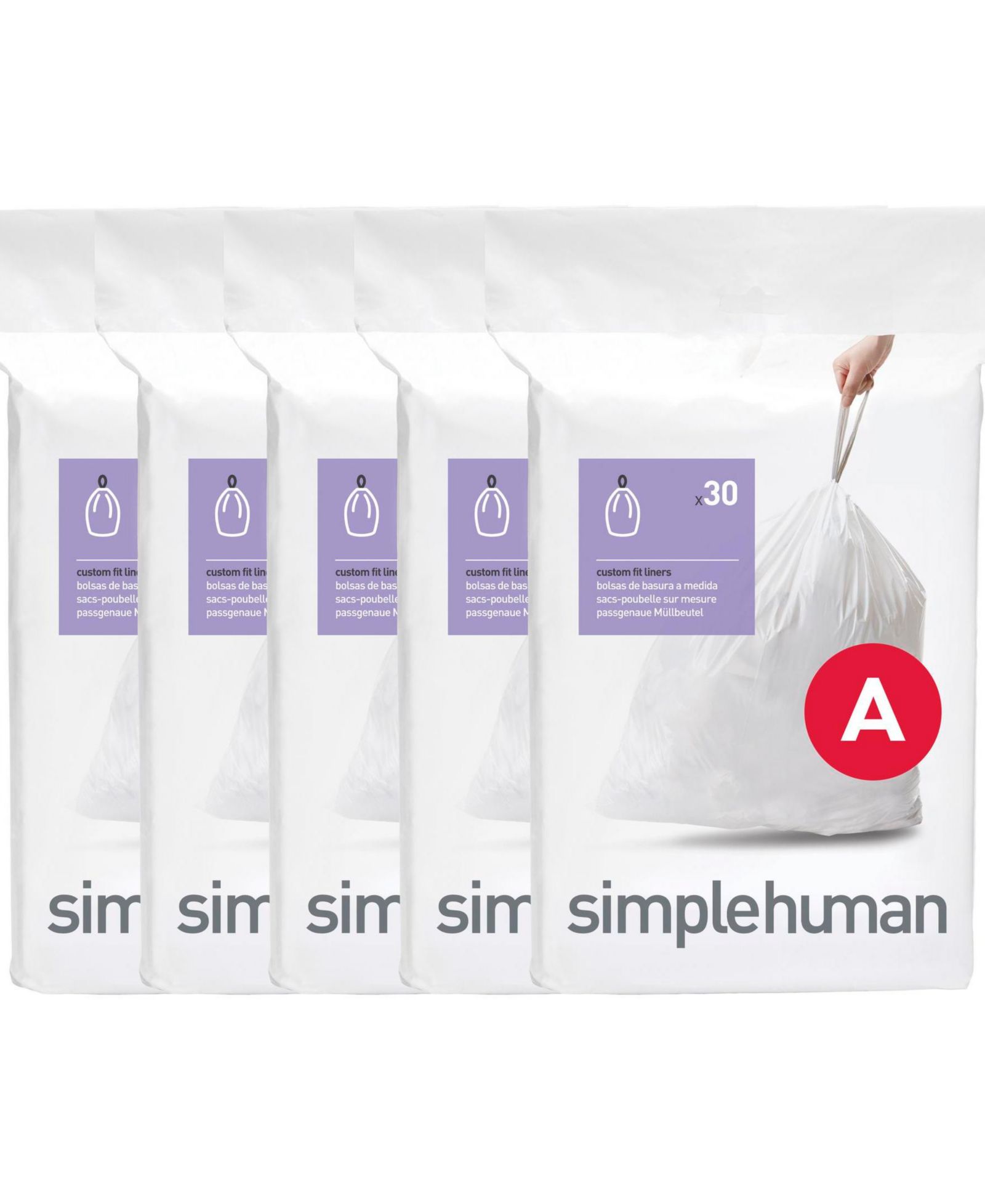 Simplehuman Code B 150pk Custom Fit Liners with 5 Quick Dispense Packs, 4.5L Bathroom Trash Bag Liners
