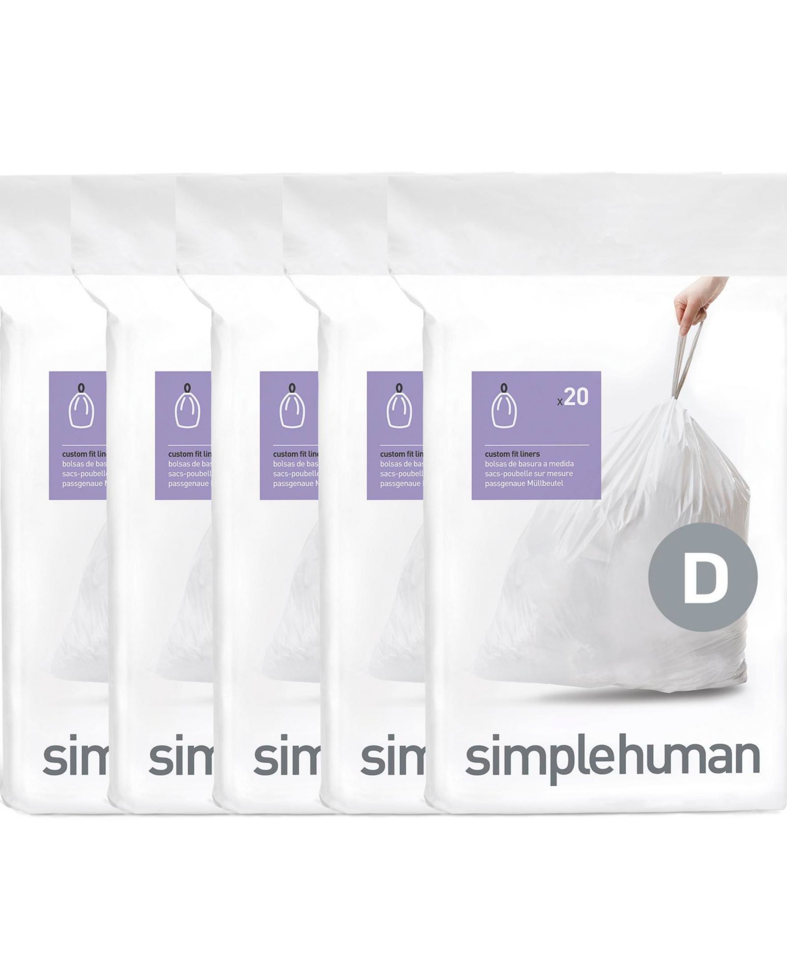 Simplehuman Code D 100pk Custom Fit Liners with 5 Quick Dispense Packs, 20L Kitchen Trash Bag Liners