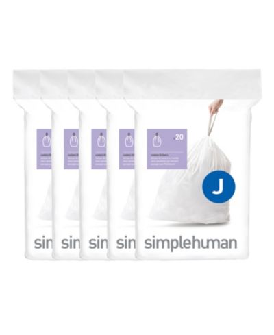 Simplehuman Code J, 100 шт. индивидуальных пакетов, 5 упаковок для быстрого извлечения, пакеты для мусорных мешков на кухню 30-45L
