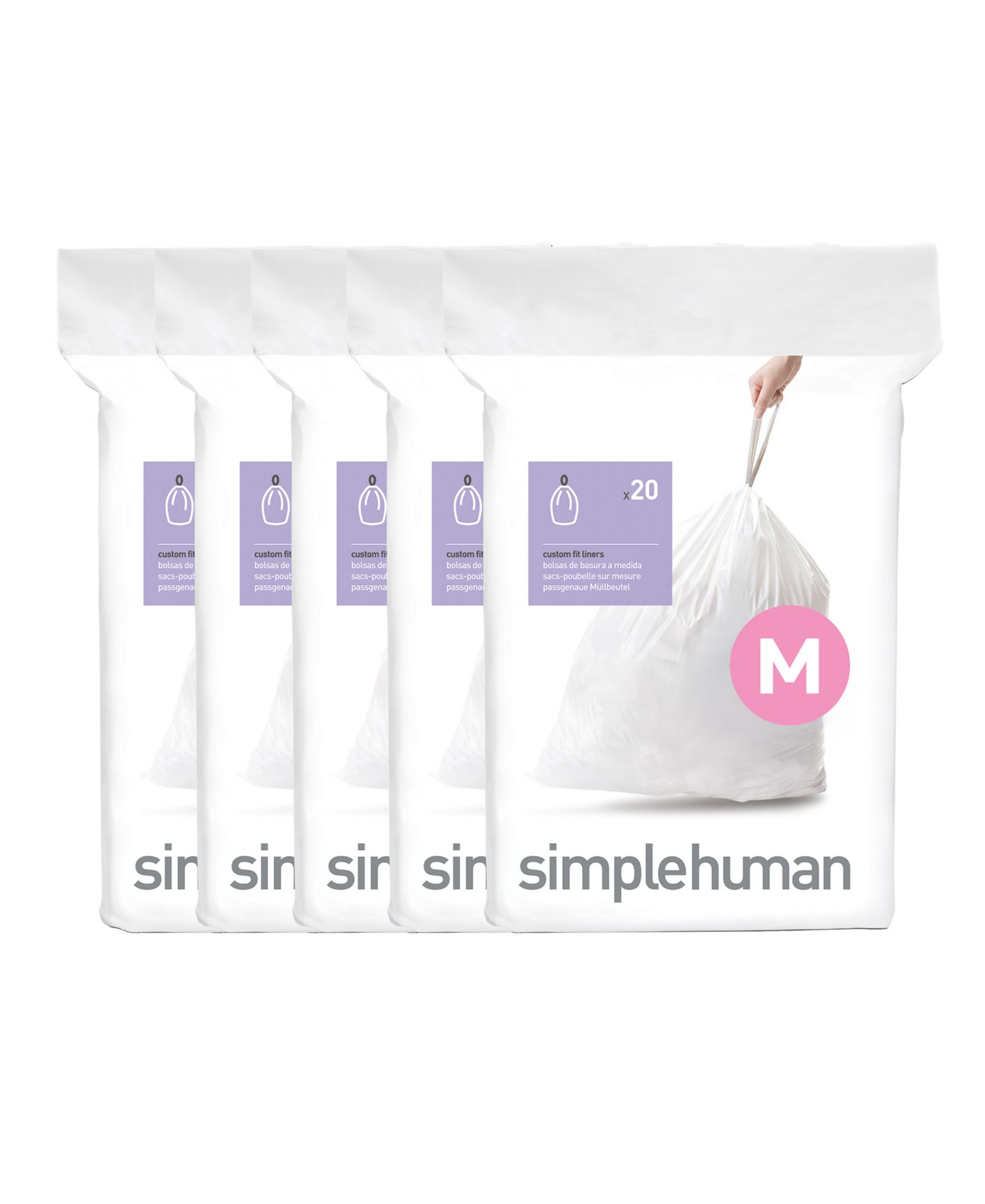 Simplehuman Code M 100pk Custom Fit Liners with 5 Quick Dispense Packs, 45L Kitchen Trash Bag Liners