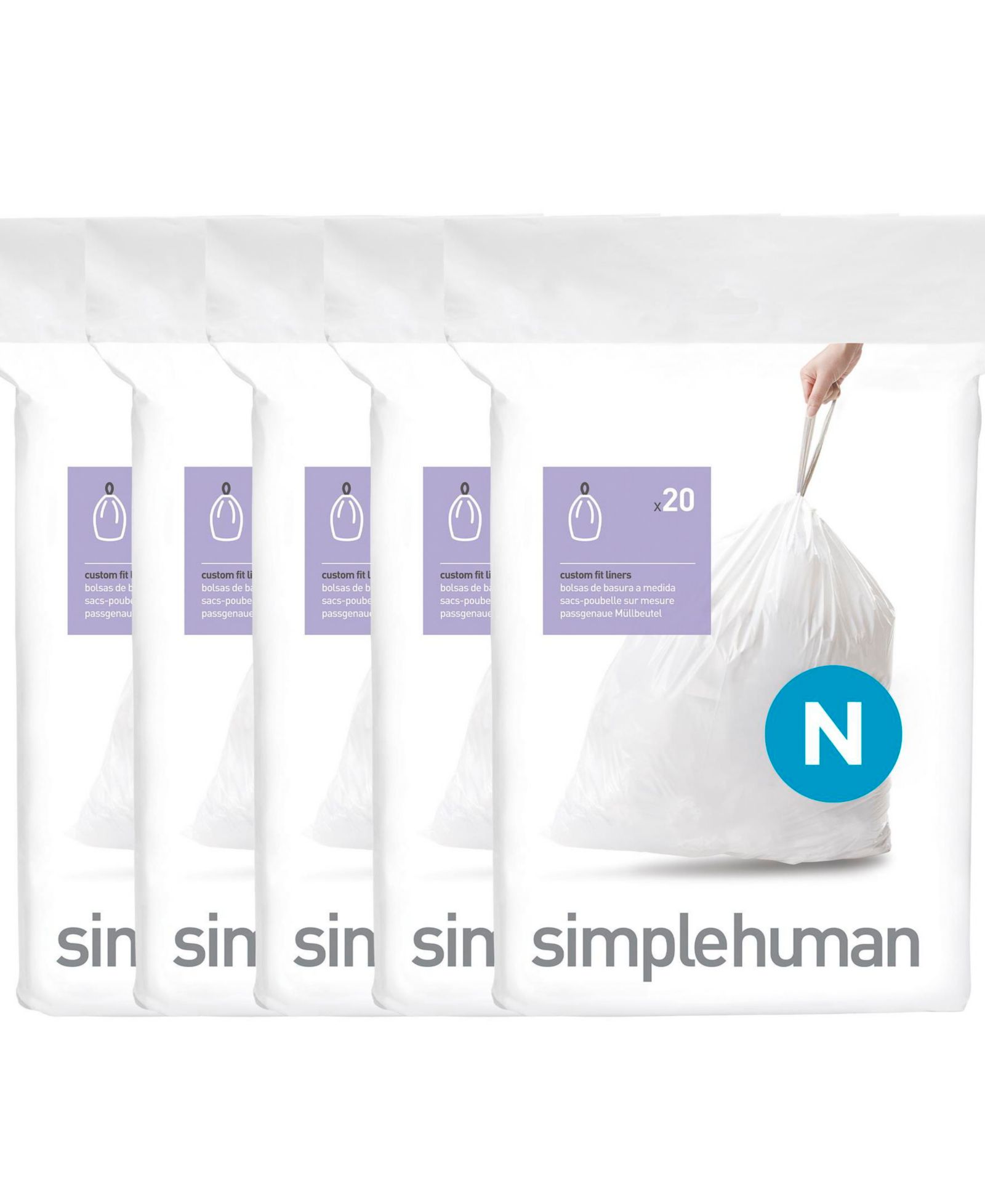 Simplehuman Code N 100pk Custom Fit Liners with 5 Quick Dispense Packs, 45-50L Kitchen Trash Bag Liners