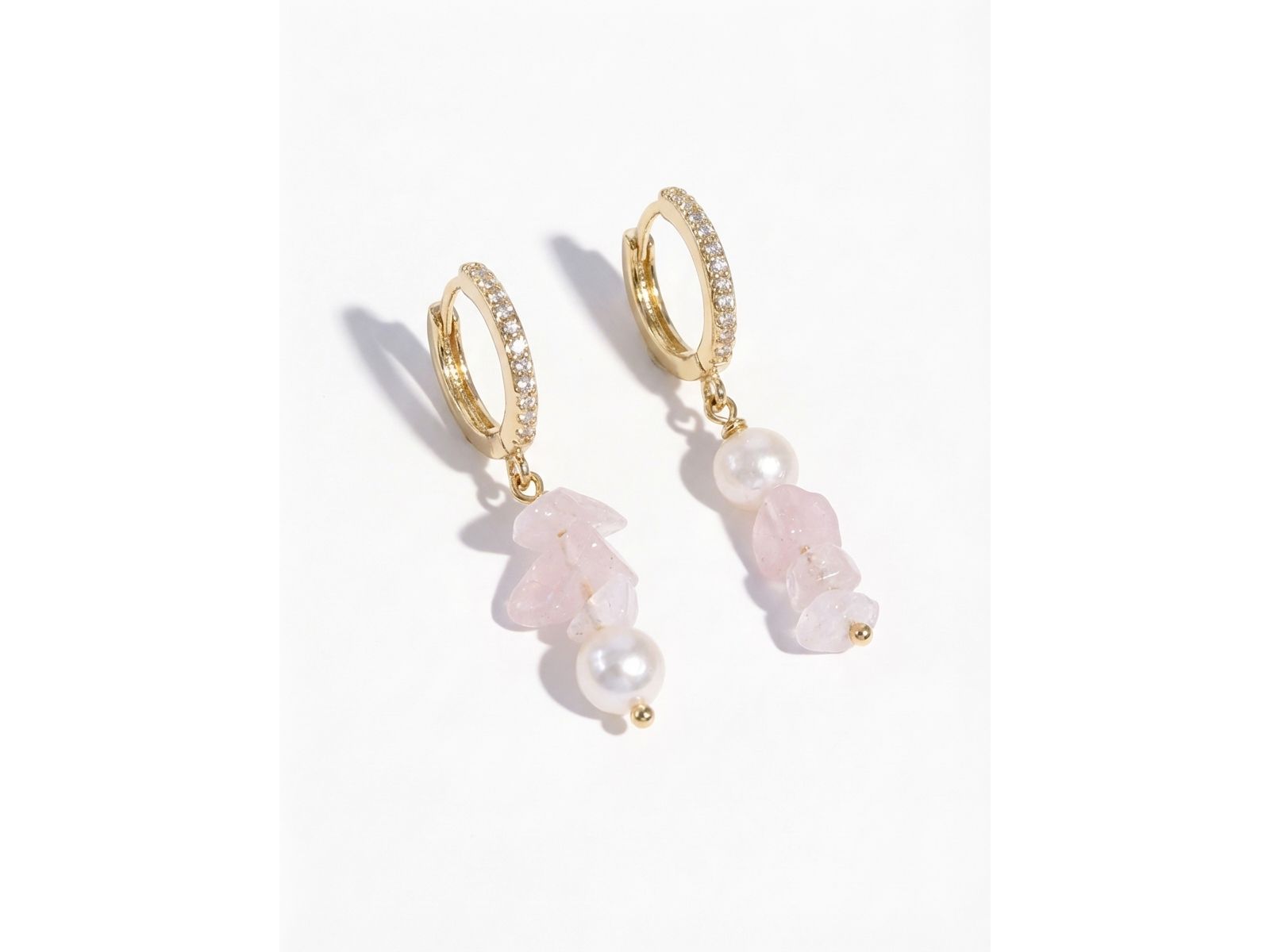 Joey Baby Rose Quartz and Baroque Freshwater Pearl Mismatched Huggie Drop Earrings, Hypoallergenic