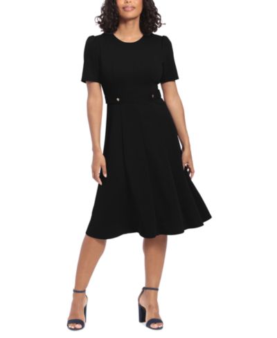 London Times Women's Puff-Sleeve Tab-Detail Fit & Flare Dress