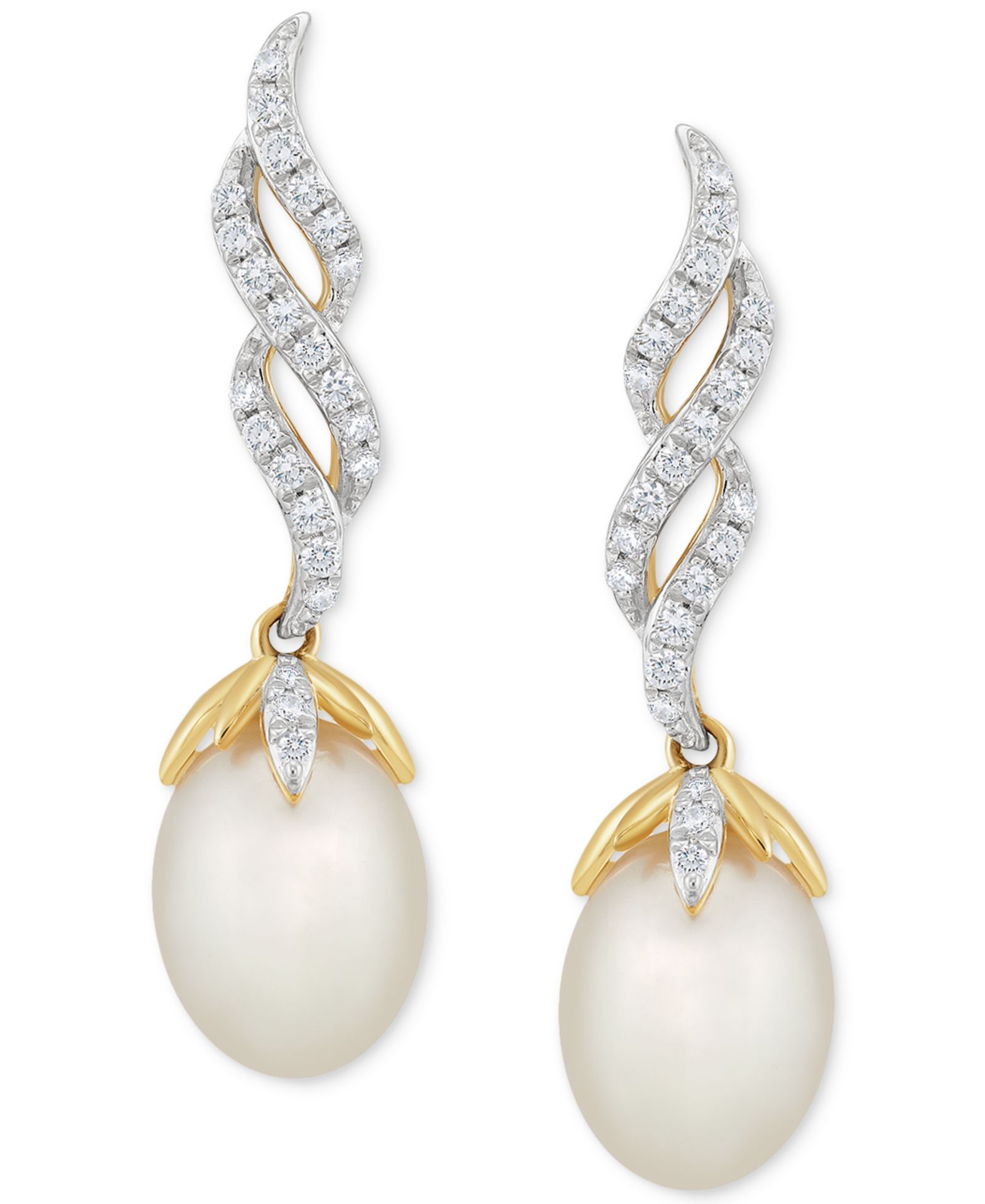 Серьги-подвески Honora Cultured Freshwater Pearl (7 - 7 1/2mm) & Diamond (1/5 ct. t.w.) Twist Drop в 10k Gold