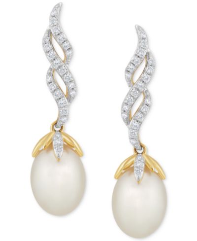 Серьги-подвески Honora Cultured Freshwater Pearl (7 - 7 1/2mm) & Diamond (1/5 ct. t.w.) Twist Drop в 10k Gold