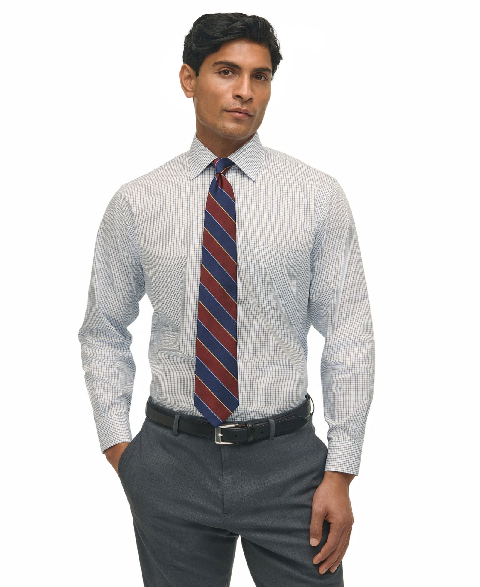 Men's Regular Fit Non-Iron Polo Button-Down Collar Blue Check Pinpoint Dress Shirt