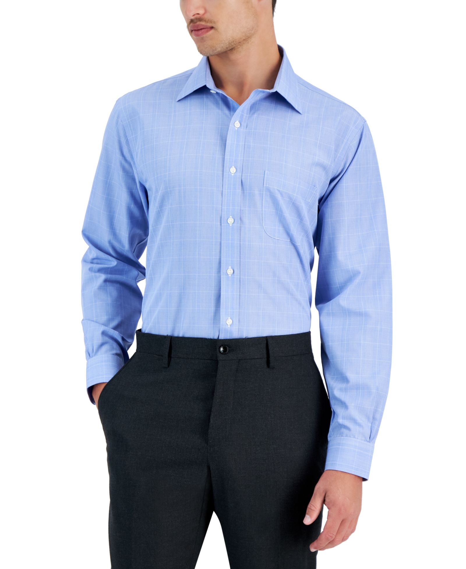 Men's Regular Fit Non-Iron Spread Collar Glen Plaid Broadcloth Dress Shirt