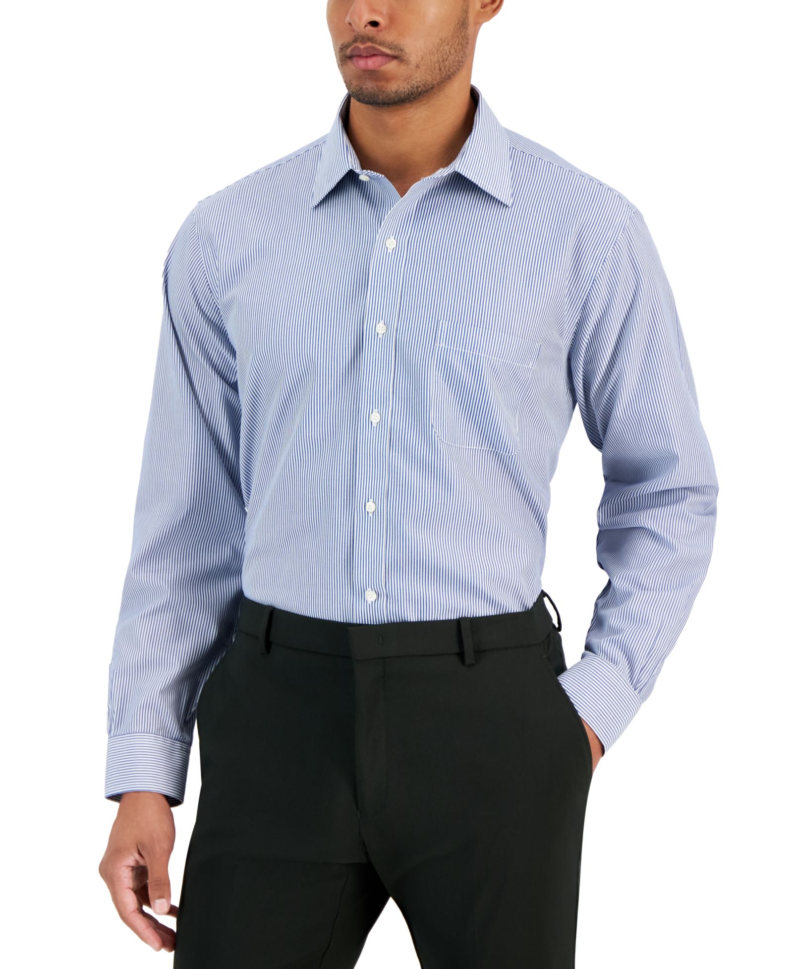 Men's Regular Fit Non-Iron Spread Collar Bengal Stripe Broadcloth Dress Shirt