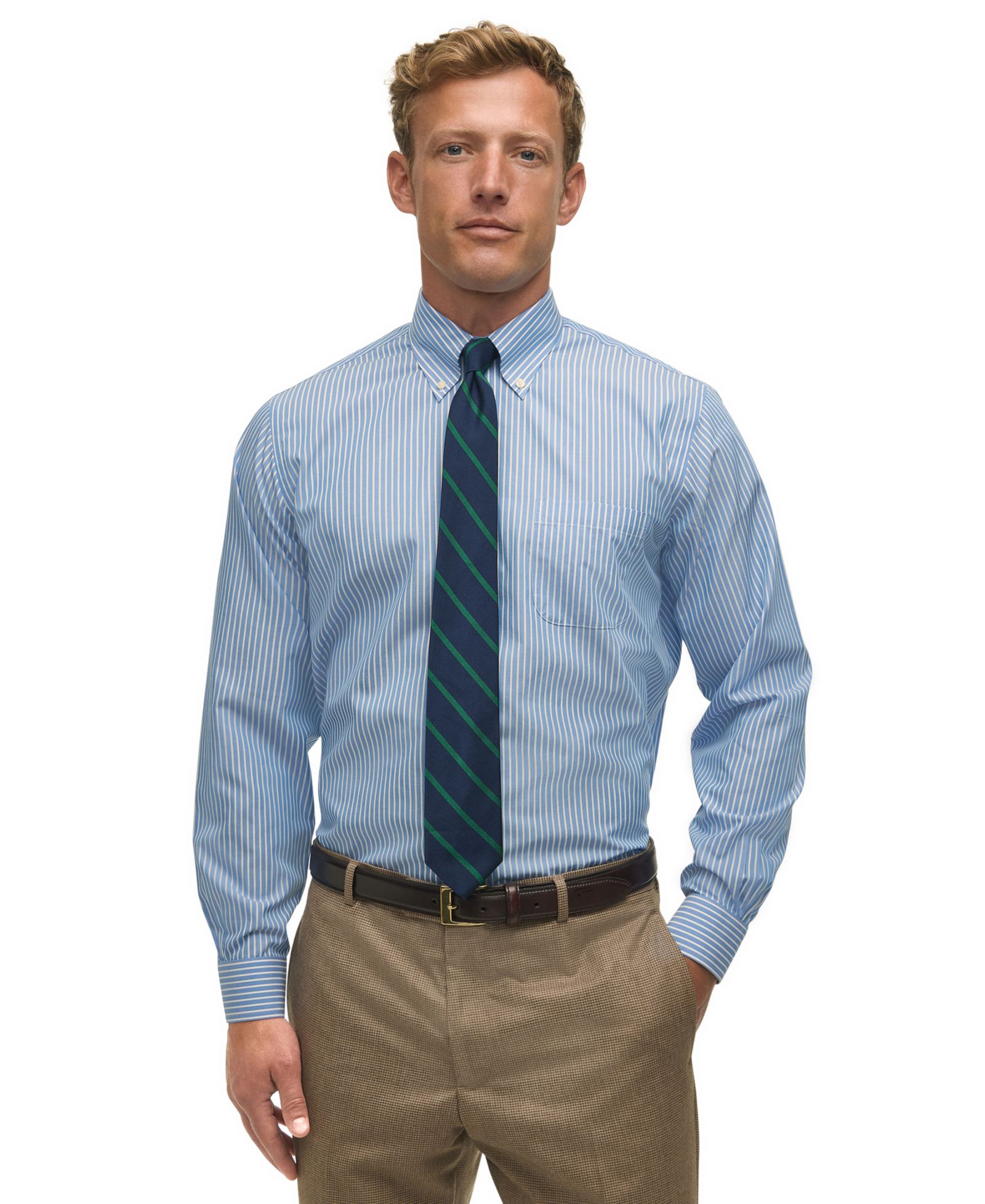 Men's Regular Fit Non-Iron Polo Button-Down Thin Stripe Broadcloth Dress Shirt