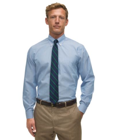 Men's Regular Fit Non-Iron Polo Button-Down Thin Stripe Broadcloth Dress Shirt