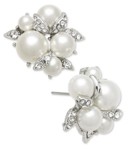 Charter Club Silver-Tone Pavé & Imitation Pearl Cluster Button Earrings, Created for Macy's