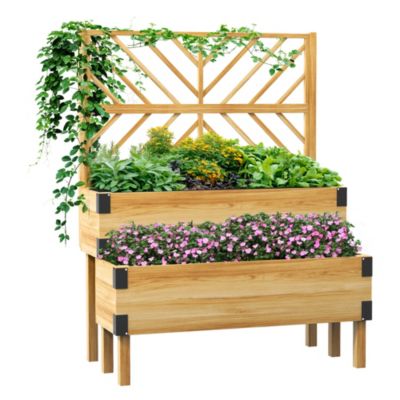 Outsunny 2 Tier Trellis Planter, Wooden Raised Garden Bed, Natural