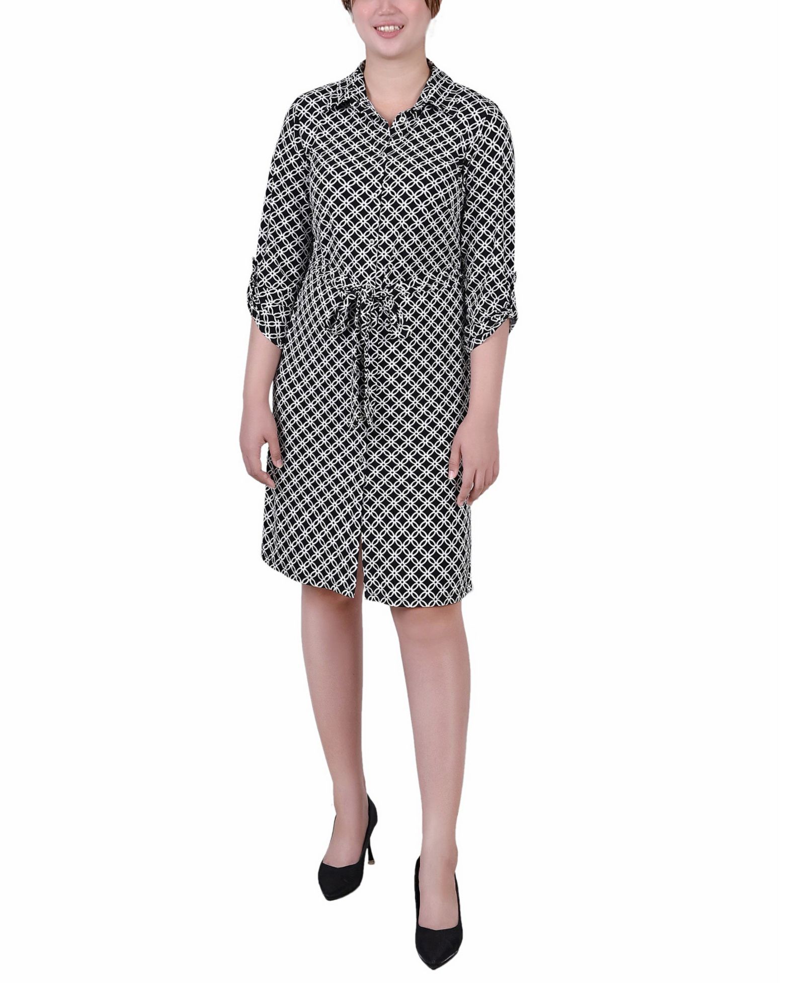 Женское платье NY Collection Petite Geometric Printed Long Sleeve Roll Tab Shirtdress