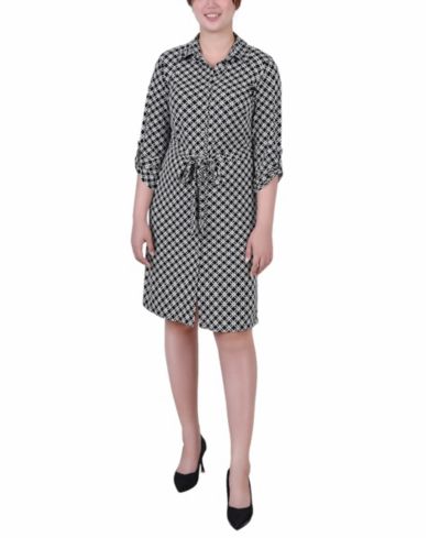 Женское платье NY Collection Petite Geometric Printed Long Sleeve Roll Tab Shirtdress