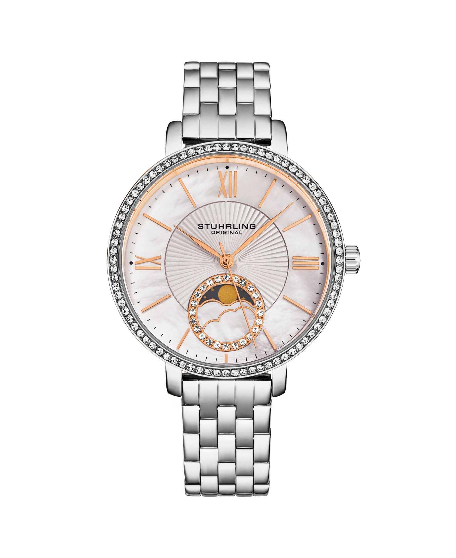 Women's Quartz Silver Alloy Case, Silver SS Link Bracelet Watch Moonphase  Crystal Studded Bezel White Mother-of-Pearl Dial