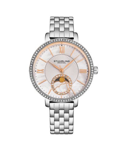 Women's Quartz Silver Alloy Case, Silver SS Link Bracelet Watch Moonphase  Crystal Studded Bezel White Mother-of-Pearl Dial