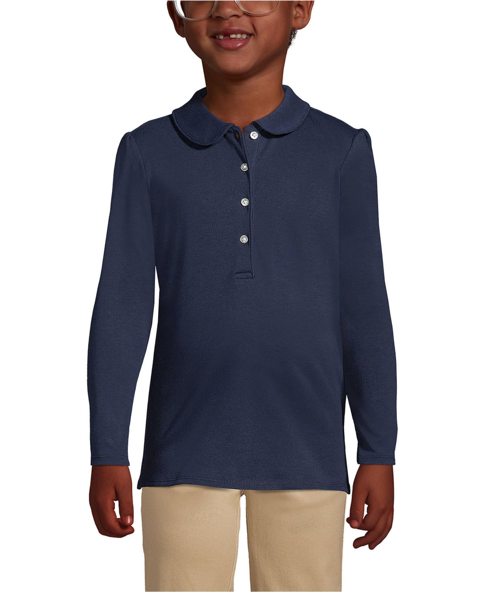 Lands' End Child School Uniform Girls Long Sleeve Peter Pan Collar Polo Shirt