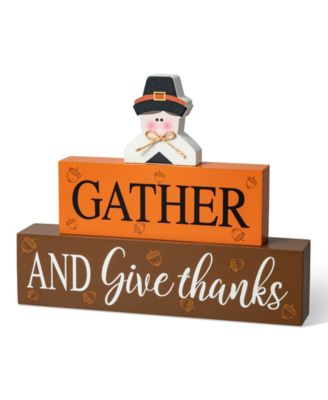 Glitzhome 9.5" L Thanksgiving Wooden Pilgrim Table Block Sign