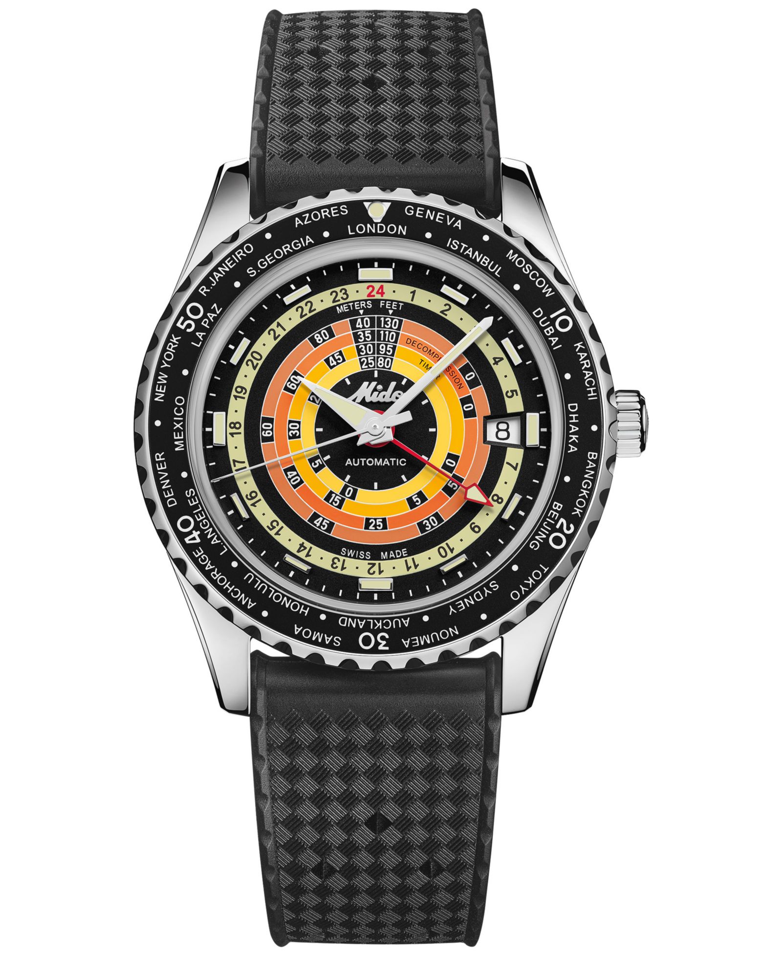 Mido Unisex Swiss Automatic Ocean Star Decompression Worldtimer Black Rubber Strap Watch 41mm