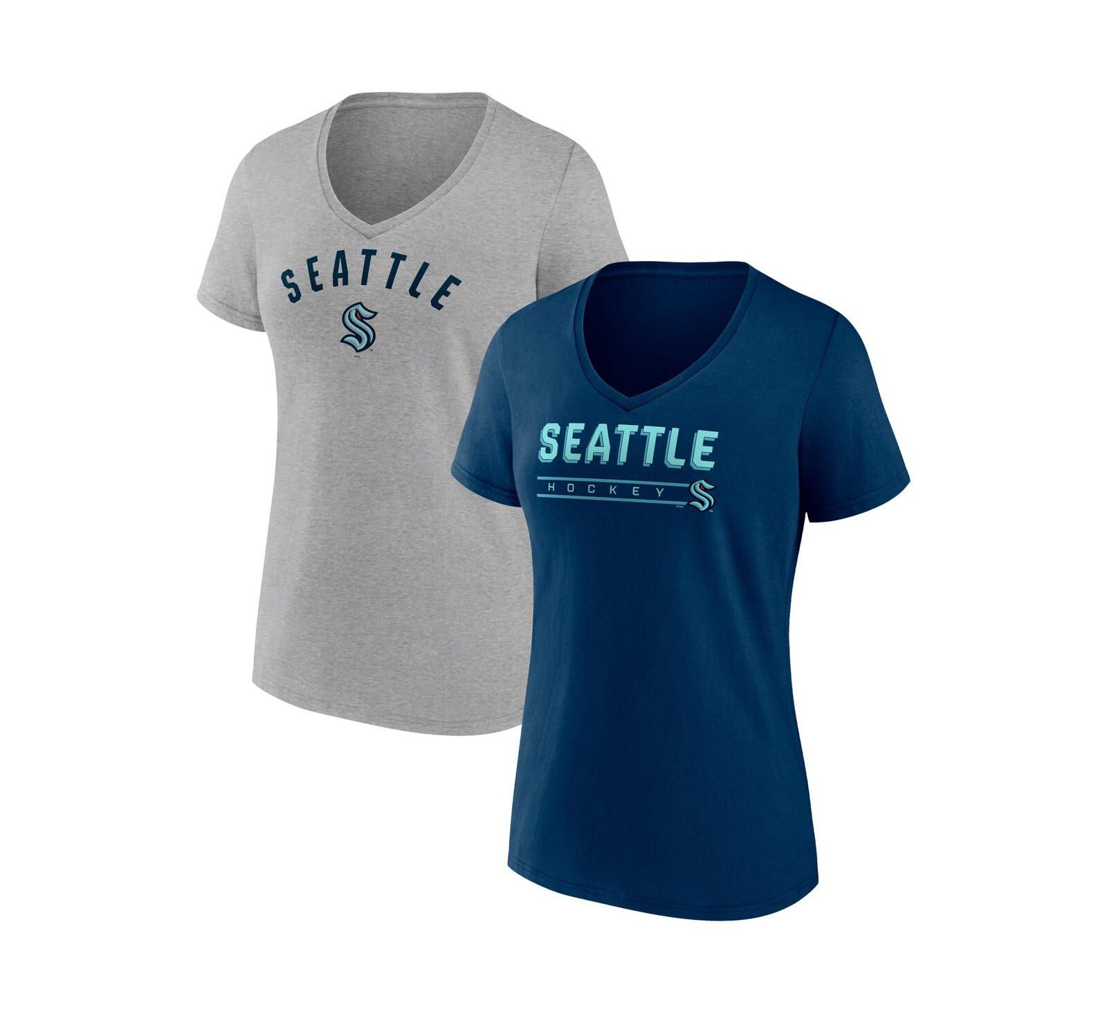 Women's Fanatics Deep Sea Blue, Gray Seattle Kraken Parent 2-Pack V-Neck T-shirt Set