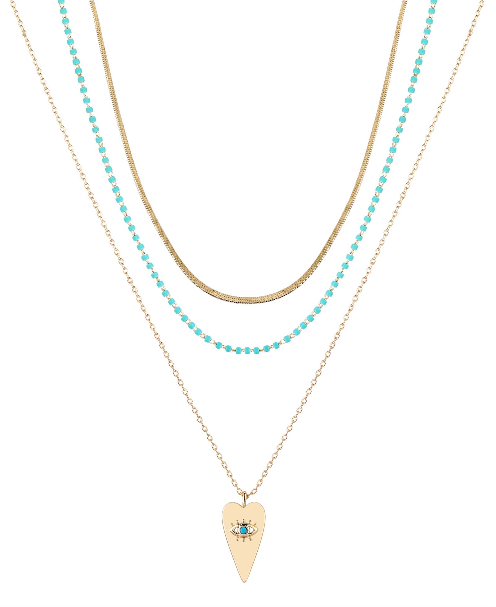Unwritten 14k Gold Flash Plated Reconstituted Turquoise Stone and Evil Eye Heart Layered Pendant Necklaces, 3 Piece Set