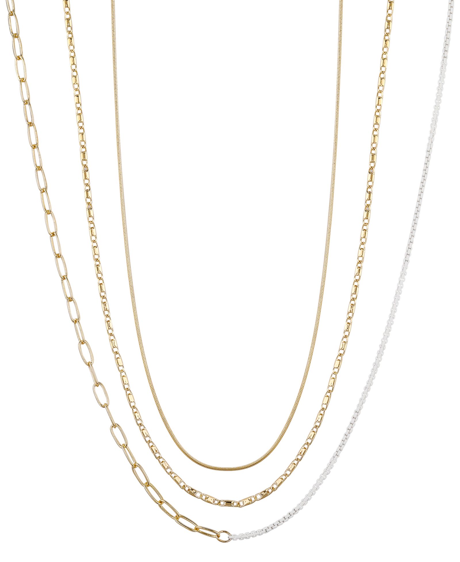 Unwritten 14k Gold Flash Plated White Enamel Paperclip Herringbone Chain Layered Necklaces, 3 Piece Set