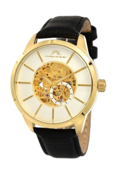 Porsamo Bleu Men's Cassius Automatic Black Genuine Leather Band Watch 45 mm
