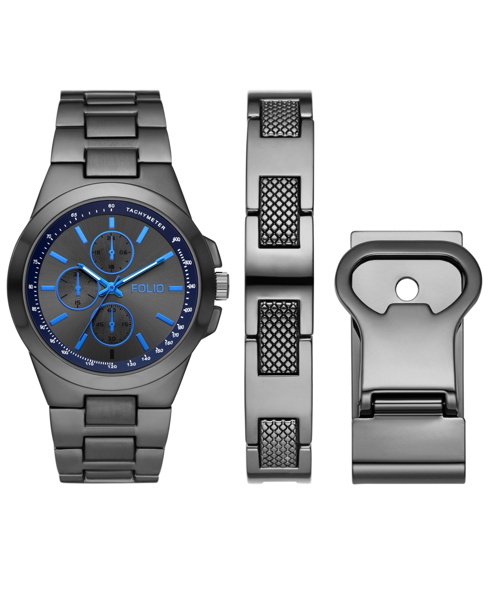 Подарочный набор Folio: мужские часы Three Hand Gunmetal 43mm, браслет и открывалка для бутылок, 3 предмета