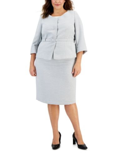 Le Suit костюм Plus Size: металлизированный твидовый жакет с ремнем и юбка-карандаш, 2 части