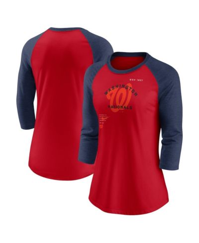 Женская футболка Nike Washington Nationals Next Up Tri-Blend Raglan 3/4-Sleeve, красная и темно-синяя
