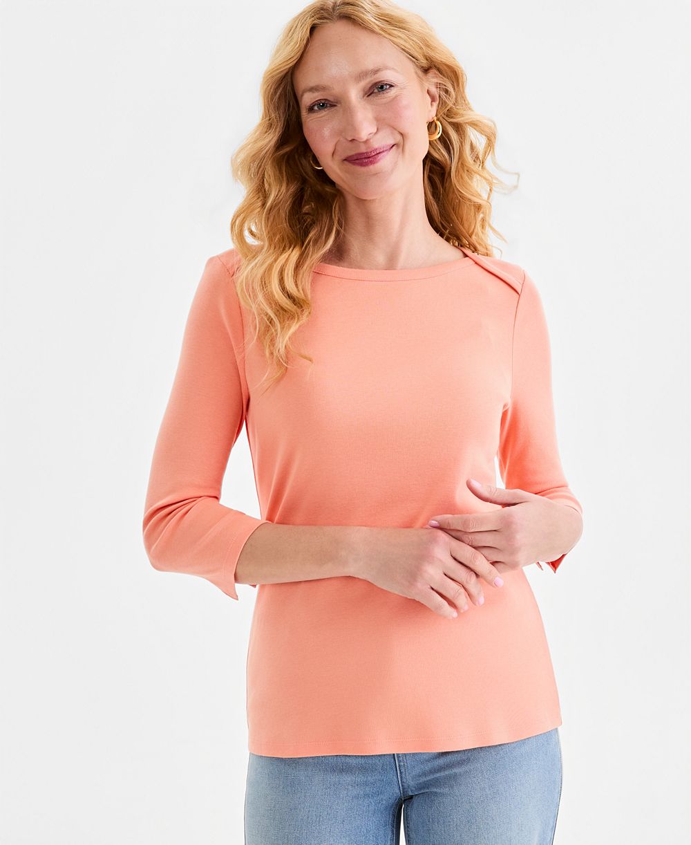 Style & Co Women's Pima Cotton 3/4-Sleeve Boat-Neck Top, Created for Macy's