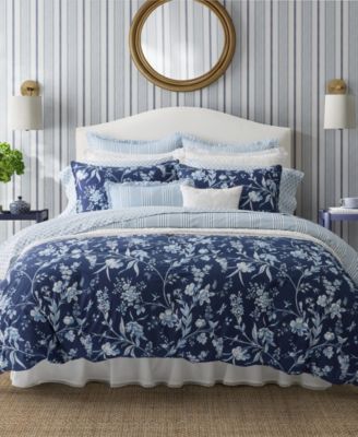 Laura Ashley Branch Toile Cotton Reversible 7 Piece Duvet Cover Set, Full/Queen