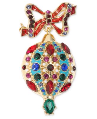 Holiday Lane Gold-Tone Multicolor Crystal & Imitation Pearl Ornament Pin, Created for Macy's