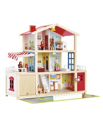 Hape Family Mansion 3-Story Wood Dollhouse, Furnished with 4 Dolls and 7 Furniture Sets, Ages 3+