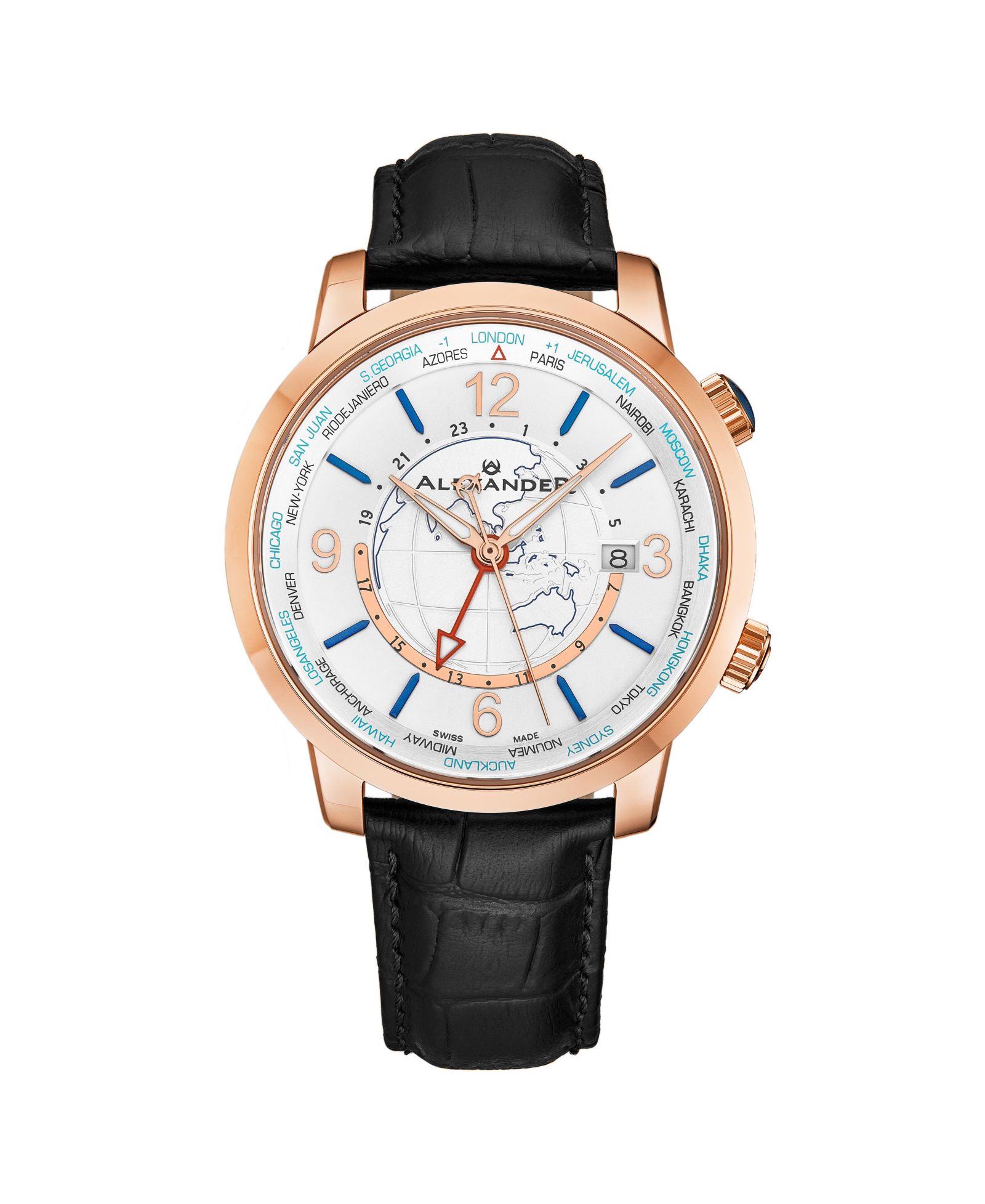 Мужские наручные часы Alexander Journeyman, черная кожа, серебристый циферблат, 40mm